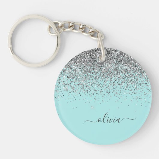 Aqua Blue Aquamarin Silver Glitzer Monogram Schlüsselanhänger (Vorderseite)