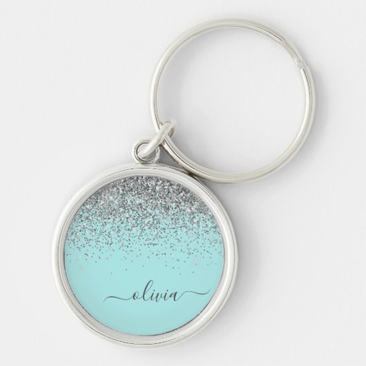 Aqua Blue Aquamarin Silver Glitzer Monogram Schlüsselanhänger (Vorne)
