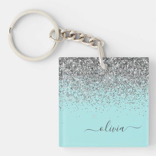Aqua Blue Aquamarin Silver Glitzer Monogram Schlüsselanhänger (Vorderseite)