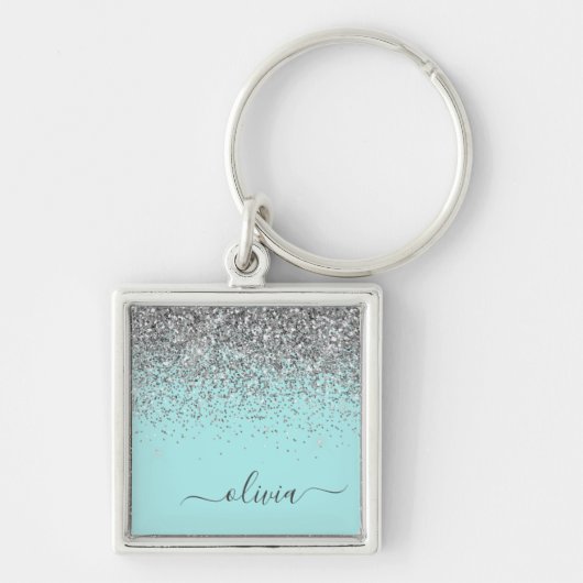 Aqua Blue Aquamarin Silver Glitzer Monogram Schlüsselanhänger (Vorne)