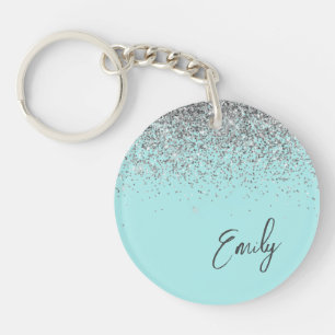 Aqua Blue Aquamarin Silver Glitzer Monogram Schlüsselanhänger