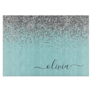 Aqua Blue Aquamarin Silver Glitzer Monogram Schneidebrett