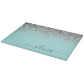 Aqua Blue Aquamarin Silver Glitzer Monogram Schneidebrett (Ecke)