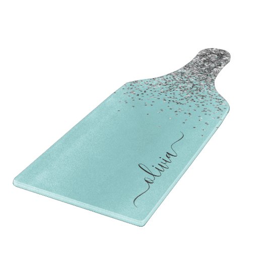 Aqua Blue Aquamarin Silver Glitzer Monogram Schneidebrett (Ecke)