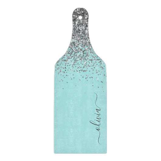 Aqua Blue Aquamarin Silver Glitzer Monogram Schneidebrett (Vorderseite)