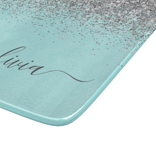 Aqua Blue Aquamarin Silver Glitzer Monogram Schneidebrett (Ecke)