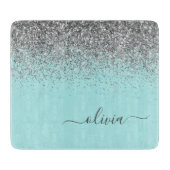 Aqua Blue Aquamarin Silver Glitzer Monogram Schneidebrett (Vorderseite)