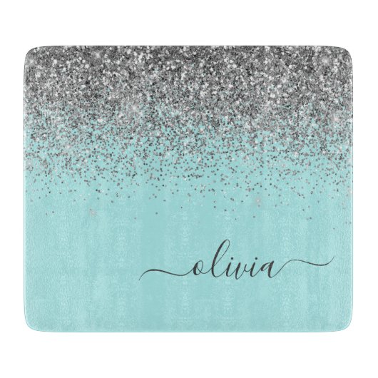 Aqua Blue Aquamarin Silver Glitzer Monogram Schneidebrett (Vorderseite)