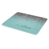 Aqua Blue Aquamarin Silver Glitzer Monogram Schneidebrett (Ecke)