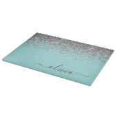 Aqua Blue Aquamarin Silver Glitzer Monogram Schneidebrett (Ecke)