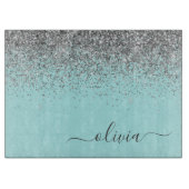 Aqua Blue Aquamarin Silver Glitzer Monogram Schneidebrett (Vorderseite)