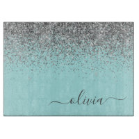 Aqua Blue Aquamarin Silver Glitzer Monogram