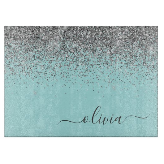 Aqua Blue Aquamarin Silver Glitzer Monogram Schneidebrett (Vorderseite)