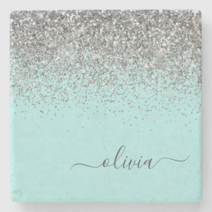 Aqua Blue Aquamarin Silver Glitzer Monogram Steinuntersetzer