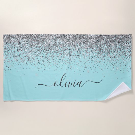 Aqua Blue Aquamarin Silver Glitzer Monogram Strandtuch (Vorderseite)