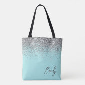 Aqua Blue Aquamarin Silver Glitzer Monogram Tasche (Rückseite)