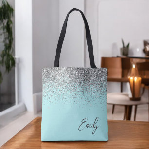 Aqua Blue Aquamarin Silver Glitzer Monogram Tasche