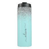 Aqua Blue Aquamarin Silver Glitzer Monogram Thermosbecher (Vorderseite)
