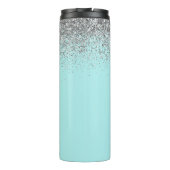 Aqua Blue Aquamarin Silver Glitzer Monogram Thermosbecher (Rückseite)