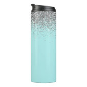 Aqua Blue Aquamarin Silver Glitzer Monogram Thermosbecher (Nach rechts gedreht)