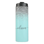 Aqua Blue Aquamarin Silver Glitzer Monogram Thermosbecher (Vorderseite)
