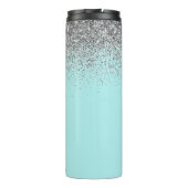 Aqua Blue Aquamarin Silver Glitzer Monogram Thermosbecher (Rückseite)