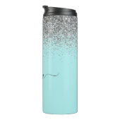 Aqua Blue Aquamarin Silver Glitzer Monogram Thermosbecher (Nach rechts gedreht)