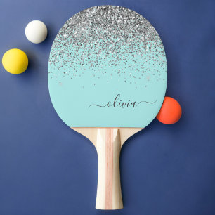 Aqua Blue Aquamarin Silver Glitzer Monogram Tischtennis Schläger