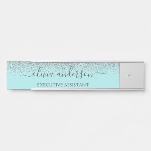 Aqua Blue Aquamarin Silver Glitzer Monogram Türschild (Vorderseite )