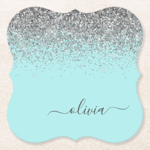 Aqua Blue Aquamarin Silver Glitzer Monogram Untersetzer