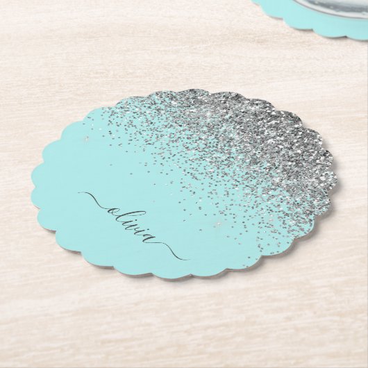 Aqua Blue Aquamarin Silver Glitzer Monogram Untersetzer (angewinkelt)