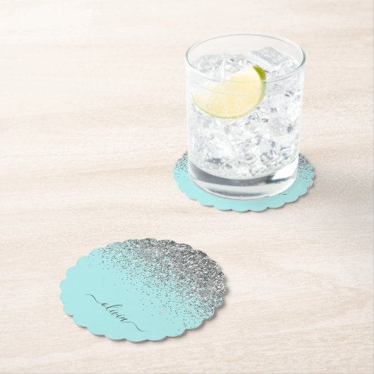 Aqua Blue Aquamarin Silver Glitzer Monogram Untersetzer (Vor Ort)