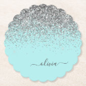 Aqua Blue Aquamarin Silver Glitzer Monogram Untersetzer (Vorderseite)
