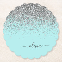 Aqua Blue Aquamarin Silver Glitzer Monogram