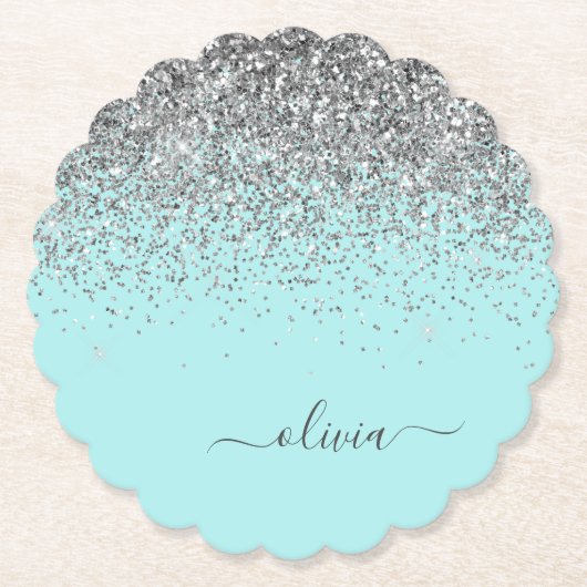 Aqua Blue Aquamarin Silver Glitzer Monogram Untersetzer (Vorderseite)