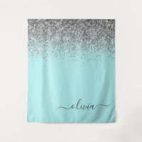 Aqua Blue Aquamarin Silver Glitzer Monogram