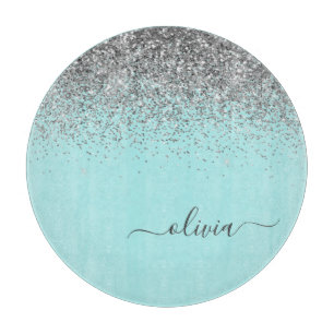 Aqua Blue Aquamarin Silver Pink Glitzer Monogram Schneidebrett