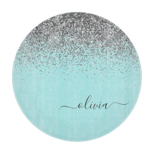 Aqua Blue Aquamarin Silver Pink Glitzer Monogram Schneidebrett (Vorderseite)