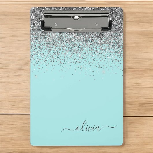 Aqua Blue - Aquamarin und Silver Glitzer Monogram Mini Klemmbrett