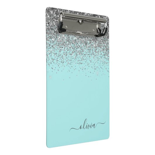 Aqua Blue - Aquamarin und Silver Glitzer Monogram Mini Klemmbrett (Schrägansicht)