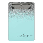 Aqua Blue - Aquamarin und Silver Glitzer Monogram Mini Klemmbrett (Vorderseite)