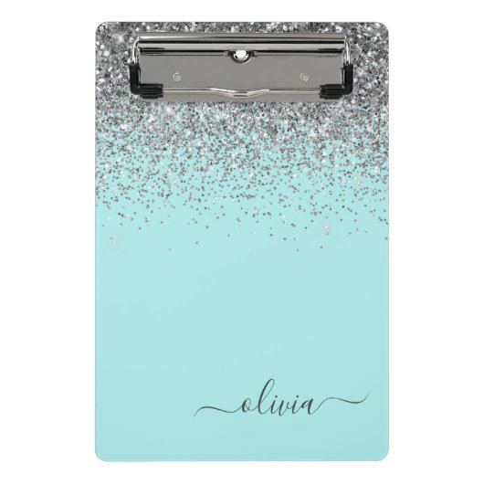 Aqua Blue - Aquamarin und Silver Glitzer Monogram Mini Klemmbrett (Vorderseite)