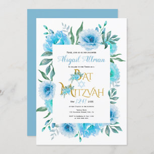 Aqua Blue Aquarell Blume Blumenstrauß Bat Mitzvah Einladung