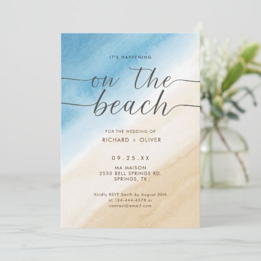 Aqua Blue auf dem Strand Hochzeit Einladung (Stehend Vorderseite)