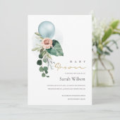 AQUA BLUE BALLOON FLORAL BABY SHOWITE DANKESKARTE (Stehend Vorderseite)