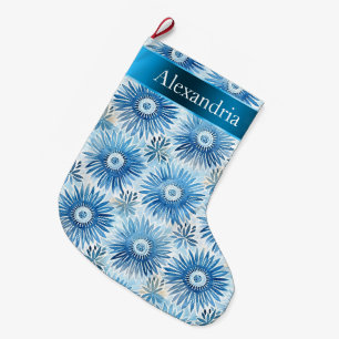 Aqua Blue Batik Floral Weihnachtsname Großer Weihnachtsstrumpf
