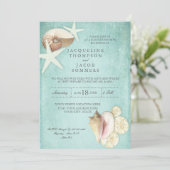 Aqua Blue Beach Ocean Muschel Sandpaare Dusche Einladung (Stehend Vorderseite)