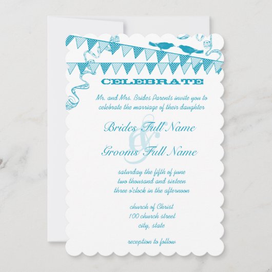 Aqua Blue Bird Bunting Pennant Wedding Einladungen (Vorderseite)