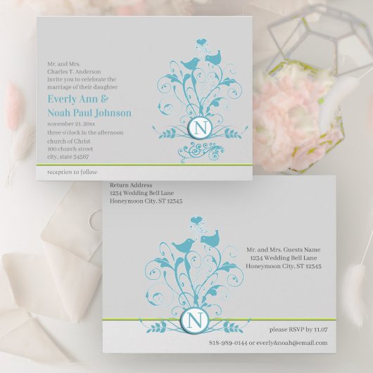 Aqua Blue Birds Hearts Wedding Einladung Postcard