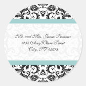 Aqua Blue Black Damask Adresse Hochzeitsticker Runder Aufkleber (Vorderseite)